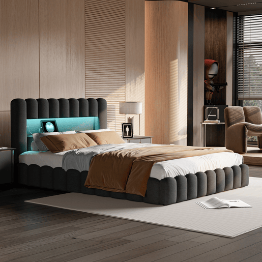 Cama estofada, luzes LED, portas USB e espaço de armazenamento. Cama estofada, luzes LED, portas USB e espaço de armazenamento.