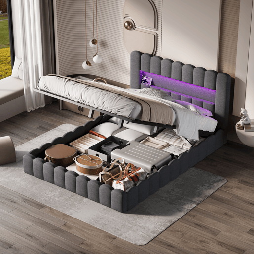 Cama estofada, luzes LED, portas USB e espaço de armazenamento. Cama estofada, luzes LED, portas USB e espaço de armazenamento.