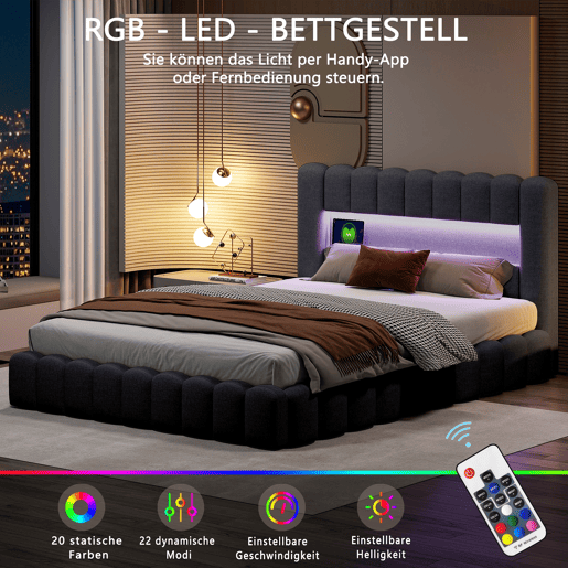 Cama estofada, luzes LED, portas USB e espaço de armazenamento. Cama estofada, luzes LED, portas USB e espaço de armazenamento.