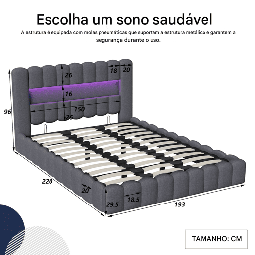 Cama estofada, luzes LED, portas USB e espaço de armazenamento. Cama estofada, luzes LED, portas USB e espaço de armazenamento.