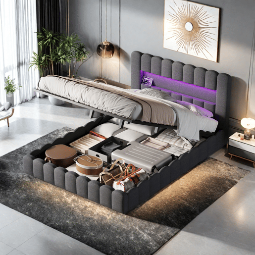 Cama estofada, luzes LED, portas USB e espaço de armazenamento. Cama estofada, luzes LED, portas USB e espaço de armazenamento.