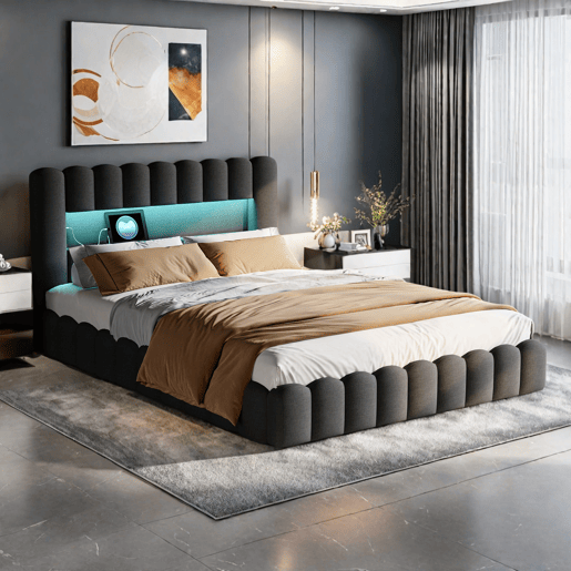 Cama estofada, luzes LED, portas USB e espaço de armazenamento. Cama estofada, luzes LED, portas USB e espaço de armazenamento.