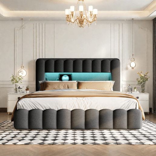 Cama estofada, luzes LED, portas USB e espaço de armazenamento. Cama estofada, luzes LED, portas USB e espaço de armazenamento.