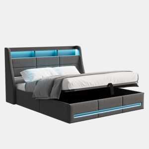 Cama de Casal 140x200 cm com Armazenamento Hidráulico | Cama LED com Portas USB | Cabeceira e Peseira com Iluminação | Estrutura Estofada Cinzenta