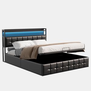 Cama estofada, luzes LED, portas USB e espaço de armazenamento.