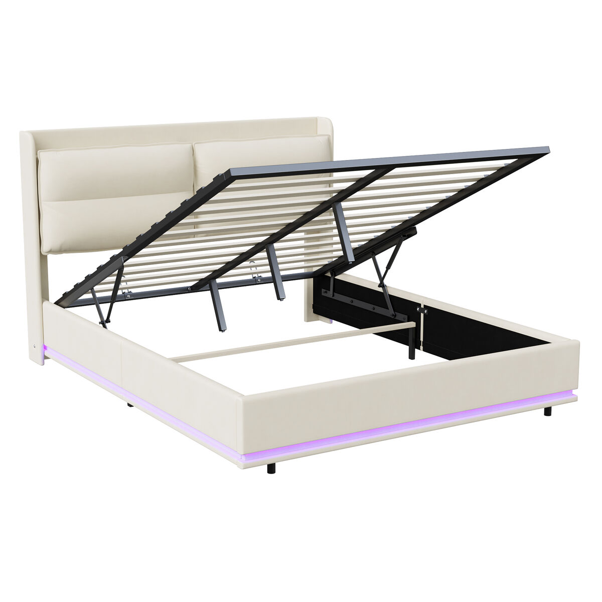 cama tapizada 160x200 cm con carga inalambrica usb y tipo c cama doble juvenil canape con led somier hidraulico funda de terciopelo color beige-blanco