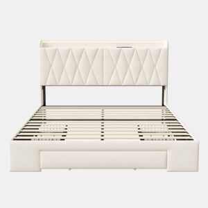 Cama 160x200 cm com USB e Tomadas | Cama de Casal com Estrado de Ripas e 3 Gavetas de Arrumação | Cama Juvenil Clássica Estofada em Veludo, Bege