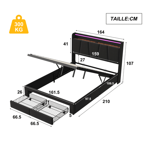 Cama Estofada 160x200cm com USB Tipo-C, Cama de Casal Juvenil com 2 Gavetas de Armazenamento, Estrado de Ripas, LED, Linho Cinzento Escuro Cama Estofada 160x200cm com USB Tipo-C, Cama de Casal Juvenil com 2 Gavetas de Armazenamento, Estrado de Ripas, LED, Linho Cinzento Escuro