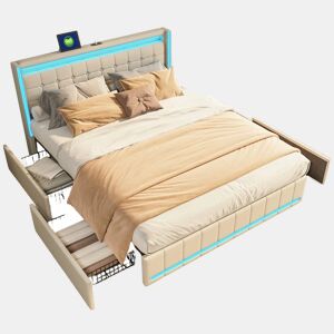 Cama de Casal 180x200 cm com Cabeceira LED e Porta USB | Estrutura de Ripas em Madeira | 4 Gavetas de Arrumação | Cama Estofada Bege com Função de Armazenamento
