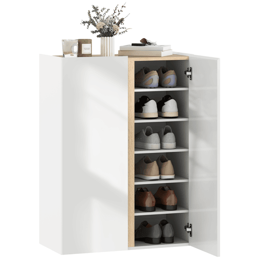 Sapateira de 6 níveis com 2 portas em branco brilhante com fecho suave e prateleiras ajustáveis 70x33,5x95 cm branca Sapateira de 6 níveis com 2 portas em branco brilhante com fecho suave e prateleiras ajustáveis 70x33,5x95 cm branca