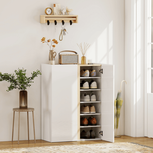 Sapateira de 6 níveis com 2 portas em branco brilhante com fecho suave e prateleiras ajustáveis 70x33,5x95 cm branca Sapateira de 6 níveis com 2 portas em branco brilhante com fecho suave e prateleiras ajustáveis 70x33,5x95 cm branca