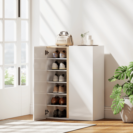 Sapateira de 6 níveis com 2 portas em branco brilhante com fecho suave e prateleiras ajustáveis 70x33,5x95 cm branca Sapateira de 6 níveis com 2 portas em branco brilhante com fecho suave e prateleiras ajustáveis 70x33,5x95 cm branca