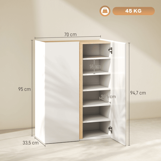 Sapateira de 6 níveis com 2 portas em branco brilhante com fecho suave e prateleiras ajustáveis 70x33,5x95 cm branca Sapateira de 6 níveis com 2 portas em branco brilhante com fecho suave e prateleiras ajustáveis 70x33,5x95 cm branca