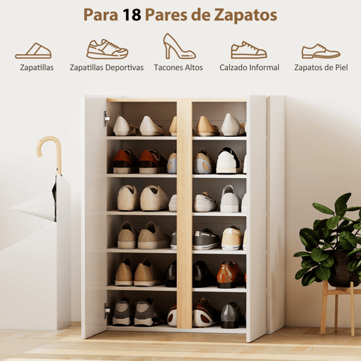 Sapateira de 6 níveis com 2 portas em branco brilhante com fecho suave e prateleiras ajustáveis 70x33,5x95 cm branca Sapateira de 6 níveis com 2 portas em branco brilhante com fecho suave e prateleiras ajustáveis 70x33,5x95 cm branca