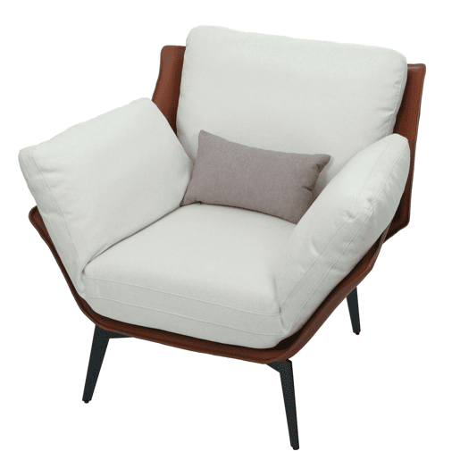 Poltronacadeira de bar com assento e encosto estofados em PVC marrom escuro e tecido creme com detalhes em metal preto 04_0006840