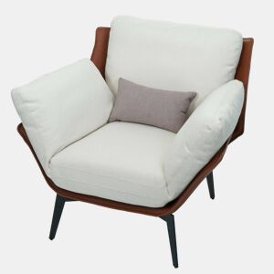 Poltronacadeira de bar com assento e encosto estofados em PVC marrom escuro e tecido creme com detalhes em metal preto 04_0006840