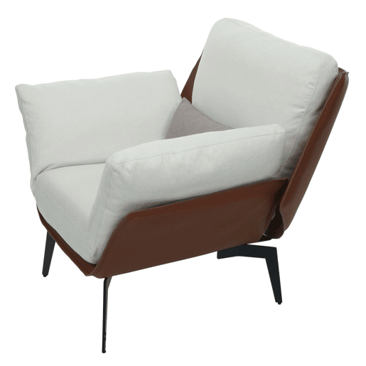 Poltronacadeira de bar com assento e encosto estofados em PVC marrom escuro e tecido creme com detalhes em metal preto 04_0006840