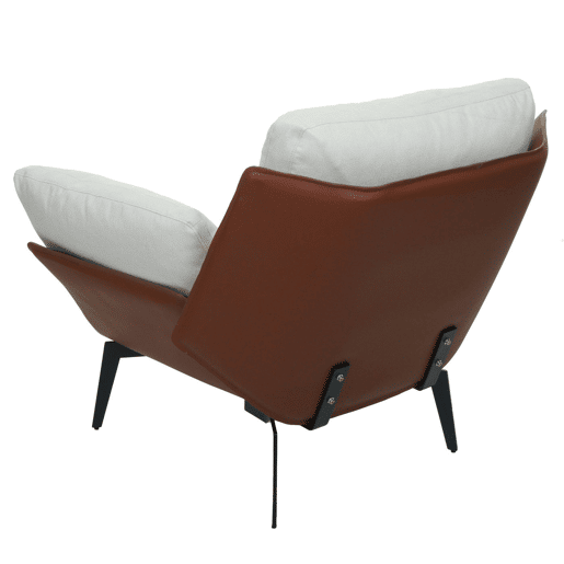Poltronacadeira de bar com assento e encosto estofados em PVC marrom escuro e tecido creme com detalhes em metal preto 04_0006840