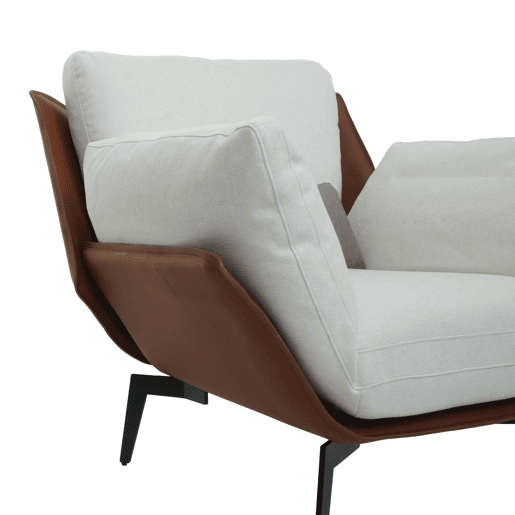 Poltronacadeira de bar com assento e encosto estofados em PVC marrom escuro e tecido creme com detalhes em metal preto 04_0006840