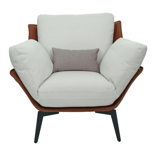Poltronacadeira de bar com assento e encosto estofados em PVC marrom escuro e tecido creme com detalhes em metal preto 04_0006840