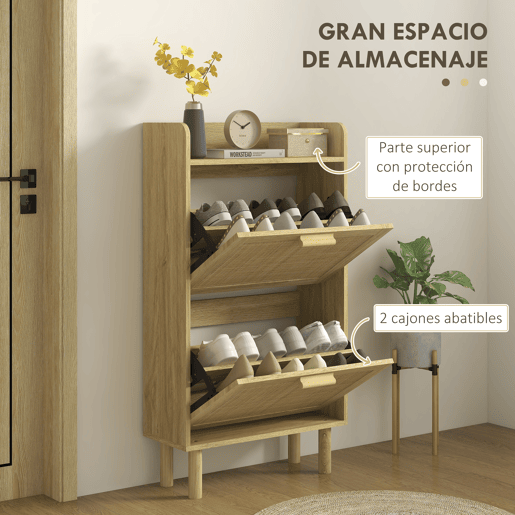 Sapateira estilo boêmio com 2 gavetas basculantes e 1 prateleira aberta para 12 pares de sapatos, 80x24,5x110 cm, carvalho Sapateira estilo boêmio com 2 gavetas basculantes e 1 prateleira aberta para 12 pares de sapatos, 80x24,5x110 cm, carvalho