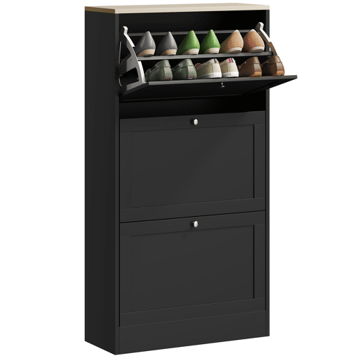 Sapateira moderna com 3 gavetas basculantes e prateleiras ajustáveis para 18 pares de sapatos, 60x23,5x115 cm, preta Sapateira moderna com 3 gavetas basculantes e prateleiras ajustáveis para 18 pares de sapatos, 60x23,5x115 cm, preta