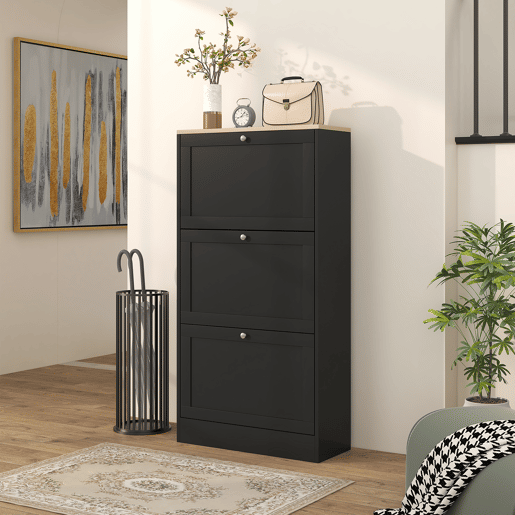 Sapateira moderna com 3 gavetas basculantes e prateleiras ajustáveis para 18 pares de sapatos, 60x23,5x115 cm, preta Sapateira moderna com 3 gavetas basculantes e prateleiras ajustáveis para 18 pares de sapatos, 60x23,5x115 cm, preta