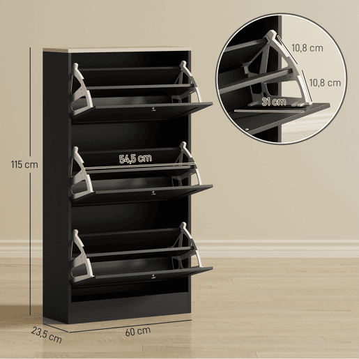 Sapateira moderna com 3 gavetas basculantes e prateleiras ajustáveis para 18 pares de sapatos, 60x23,5x115 cm, preta Sapateira moderna com 3 gavetas basculantes e prateleiras ajustáveis para 18 pares de sapatos, 60x23,5x115 cm, preta