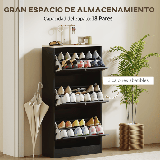 Sapateira moderna com 3 gavetas basculantes e prateleiras ajustáveis para 18 pares de sapatos, 60x23,5x115 cm, preta Sapateira moderna com 3 gavetas basculantes e prateleiras ajustáveis para 18 pares de sapatos, 60x23,5x115 cm, preta