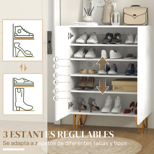 Sapateira com prateleiras ajustáveis e dobradiças com amortecimento para 15 a 20 pares de sapatos, 72 x 31,5 x 95 cm, branca