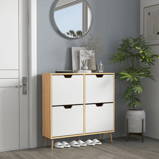 Sapateira com 4 gavetas basculantes e prateleiras ajustáveis, guarda-roupa para 16 pares de sapatos, 95x26x95 cm, natural Sapateira com 4 gavetas basculantes e prateleiras ajustáveis, guarda-roupa para 16 pares de sapatos, 95x26x95 cm, natural