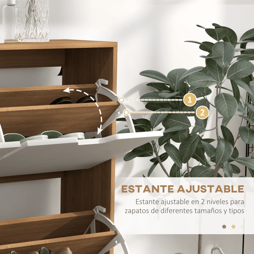 Sapateira com 4 gavetas basculantes e prateleiras ajustáveis, guarda-roupa para 16 pares de sapatos, 95x26x95 cm, natural Sapateira com 4 gavetas basculantes e prateleiras ajustáveis, guarda-roupa para 16 pares de sapatos, 95x26x95 cm, natural