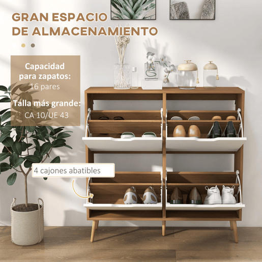 Sapateira com 4 gavetas basculantes e prateleiras ajustáveis, guarda-roupa para 16 pares de sapatos, 95x26x95 cm, natural Sapateira com 4 gavetas basculantes e prateleiras ajustáveis, guarda-roupa para 16 pares de sapatos, 95x26x95 cm, natural