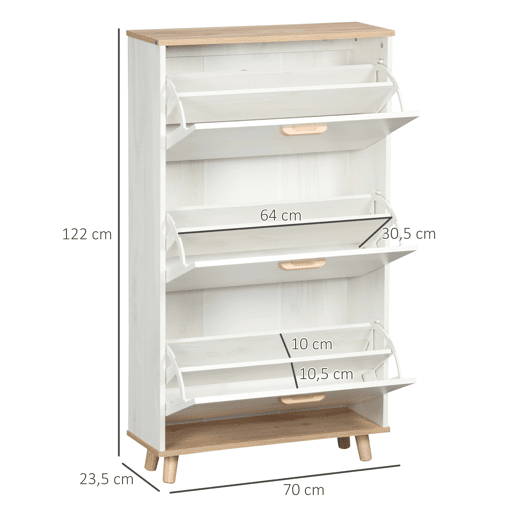 Sapateira moderna com 3 gavetas basculantes para 12 pares de sapatos para hall de entrada, 70x23,5x122 cm, branca Sapateira moderna com 3 gavetas basculantes para 12 pares de sapatos para hall de entrada, 70x23,5x122 cm, branca