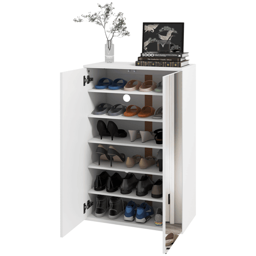 Sapateira com espelho para 18 pares de sapatos com 5 prateleiras ajustáveis para hall de entrada, 60x32x95 cm, branca Sapateira com espelho para 18 pares de sapatos com 5 prateleiras ajustáveis para hall de entrada, 60x32x95 cm, branca