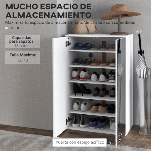 Sapateira com espelho para 18 pares de sapatos com 5 prateleiras ajustáveis para hall de entrada, 60x32x95 cm, branca Sapateira com espelho para 18 pares de sapatos com 5 prateleiras ajustáveis para hall de entrada, 60x32x95 cm, branca