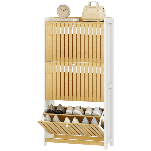 Sapateira estreita de bambu com 3 portas, prateleiras ripadas, capacidade ajustável para 18 pares de sapatos, branca e natural