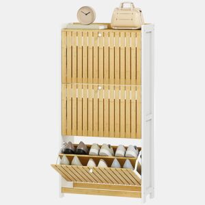 Sapateira estreita de bambu com 3 portas, prateleiras ripadas, capacidade ajustável para 18 pares de sapatos, branca e natural