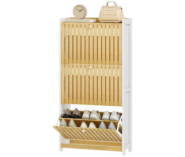 Zapatero estrecho con 3 puertas de bambú con listones estantes ajustables para 18 pares blanco y natural