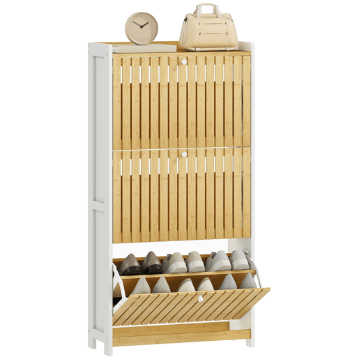 Sapateira estreita de bambu com 3 portas, prateleiras ripadas, capacidade ajustável para 18 pares de sapatos, branca e natural