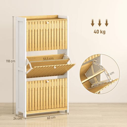 Sapateira estreita de bambu com 3 portas, prateleiras ripadas, capacidade ajustável para 18 pares de sapatos, branca e natural