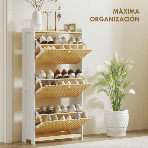 Sapateira estreita de bambu com 3 portas, prateleiras ripadas, capacidade ajustável para 18 pares de sapatos, branca e natural
