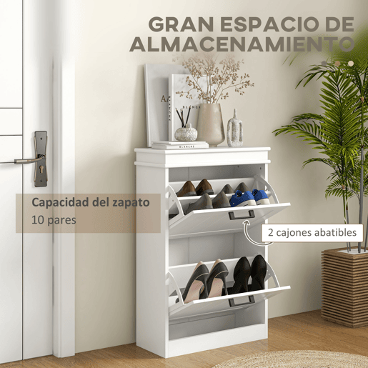 Sapateira estreita com 2 gavetas basculantes, sapateira para hall de entrada com prateleiras ajustáveis para 10 pares, branca