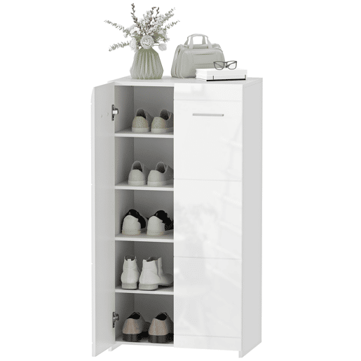Sapateira moderna com prateleiras ajustáveis para 10 pares de sapatos, 55x36x108 cm, branco brilhante