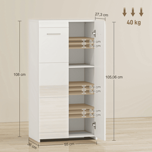 Sapateira moderna com prateleiras ajustáveis para 10 pares de sapatos, 55x36x108 cm, branco brilhante