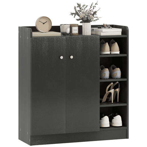 Sapateira estreita com 2 portas e prateleiras ajustáveis para 12 pares de sapatos, 83x30x90 cm, preta Sapateira estreita com 2 portas e prateleiras ajustáveis para 12 pares de sapatos, 83x30x90 cm, preta