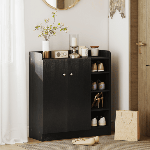 Sapateira estreita com 2 portas e prateleiras ajustáveis para 12 pares de sapatos, 83x30x90 cm, preta Sapateira estreita com 2 portas e prateleiras ajustáveis para 12 pares de sapatos, 83x30x90 cm, preta