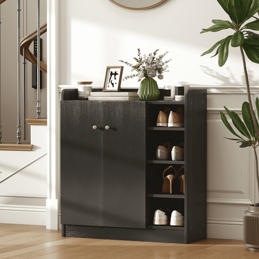 Sapateira estreita com 2 portas e prateleiras ajustáveis para 12 pares de sapatos, 83x30x90 cm, preta Sapateira estreita com 2 portas e prateleiras ajustáveis para 12 pares de sapatos, 83x30x90 cm, preta