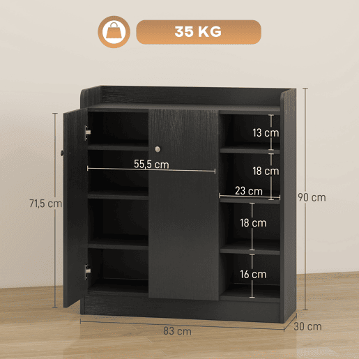Sapateira estreita com 2 portas e prateleiras ajustáveis para 12 pares de sapatos, 83x30x90 cm, preta Sapateira estreita com 2 portas e prateleiras ajustáveis para 12 pares de sapatos, 83x30x90 cm, preta