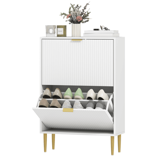 Sapateira estreita com 2 portas caneladas e prateleiras ajustáveis para 12 pares de sapatos, 60x24x91,5 cm, branca Sapateira estreita com 2 portas caneladas e prateleiras ajustáveis para 12 pares de sapatos, 60x24x91,5 cm, branca